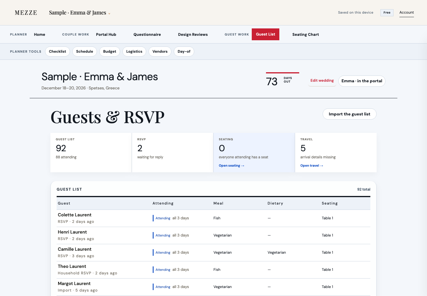 Guest list and RSVP screen from the Mezze sample wedding